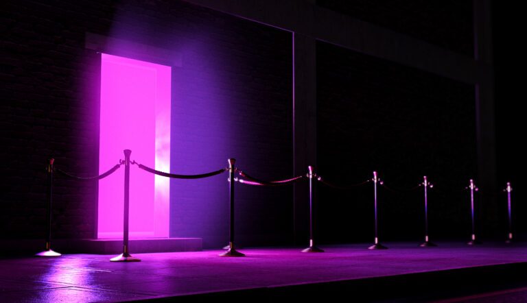 Entrance to a nightclub with purple lights