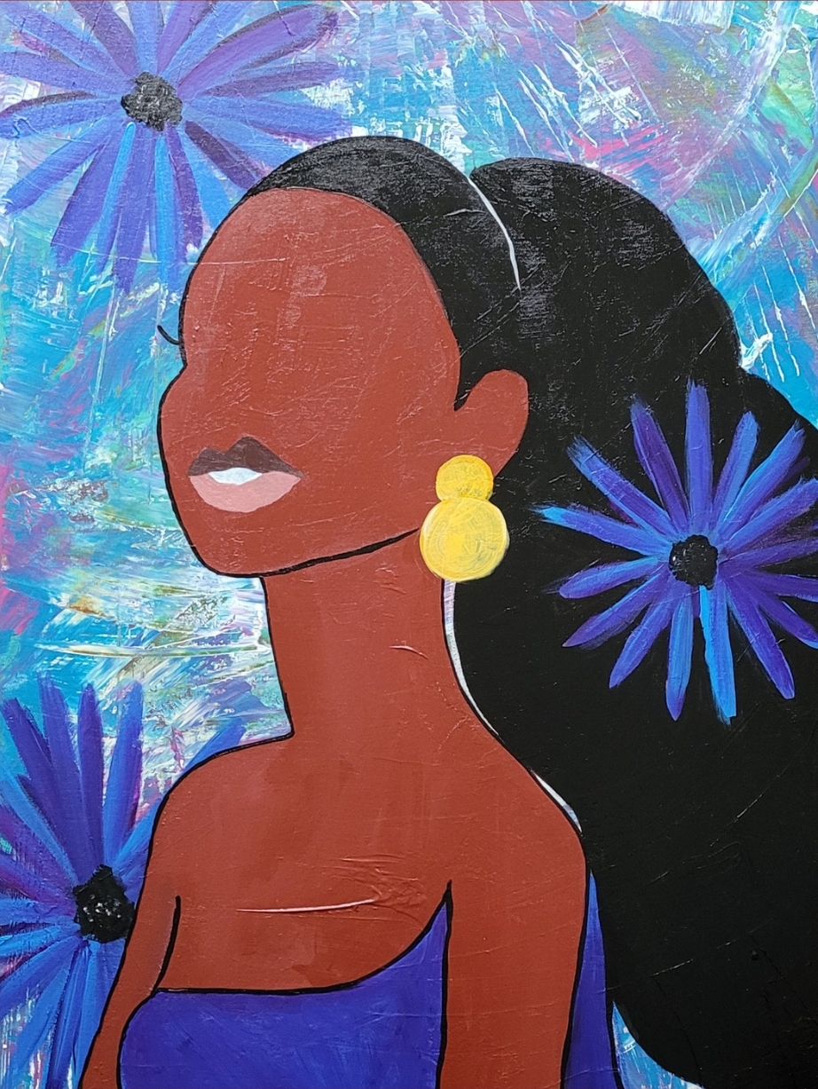 Portrait of a Black woman against a floral background