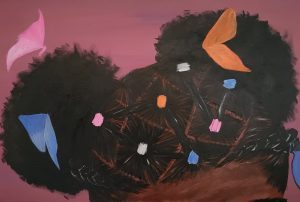 Painting of the top of a Black child's head. She wears pigtails, and the hair on top of her head is styled into diamond shapes with bright, multicolored barrettes in the center of each diamond. There is a blue butterfly on her left pigtail and an orange butterfly on her left pigtail.