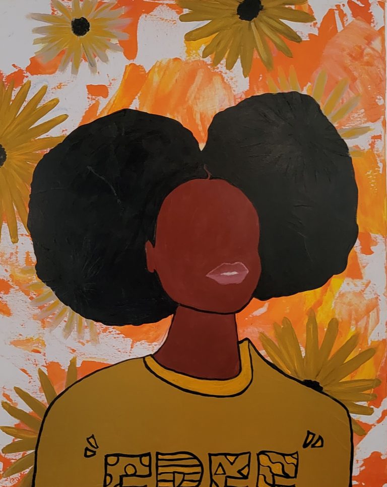 A painting of a black girl surrounded by bright flowers, wearing a yellow shirt that reads, "FREE."