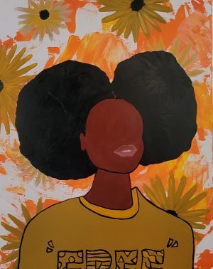 Painting of a Black woman or girl wearing a sweater with the word "FREE" on it. Her face is painted without any features other than her mouth. Her lips are parted slightly. She might be smiling.