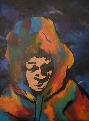 Painting of a young boy's head and upper torso. He wears a hoodie with the hood pulled up over his head. He looks down and wears a somber expression.