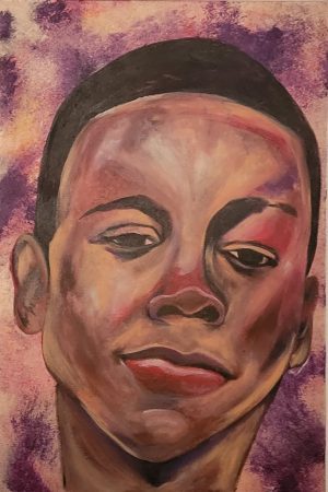 Painting of a young Black man's face. He wears a mostly neutral expression that belies his deeper thoughts and determination.