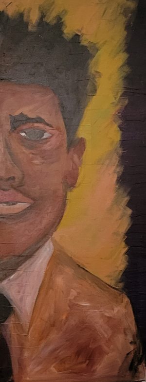 Painting the right half of a Black man's face and upper torso. He is wearing a yellow blazer or sweater, a collared shirt, and a tie.