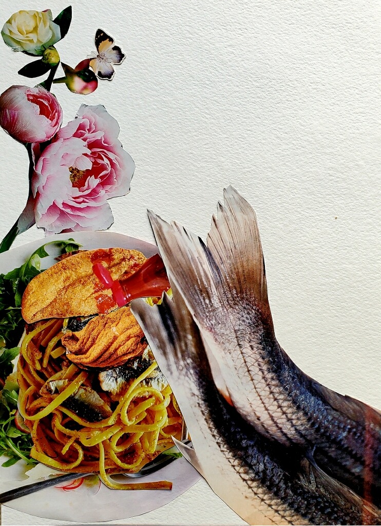 Collage artwork by Janice Bond showing flowers, food, and ingredients