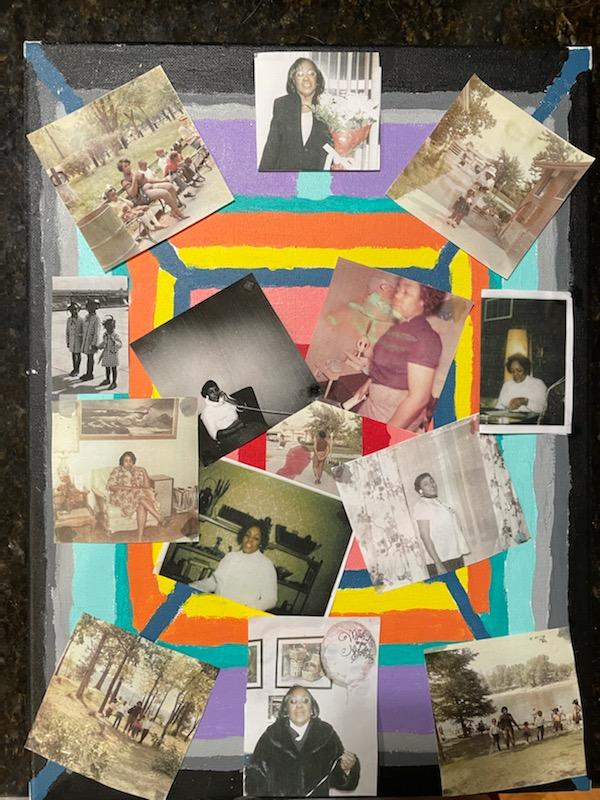 A collage of family photos pasted onto a colorful painting