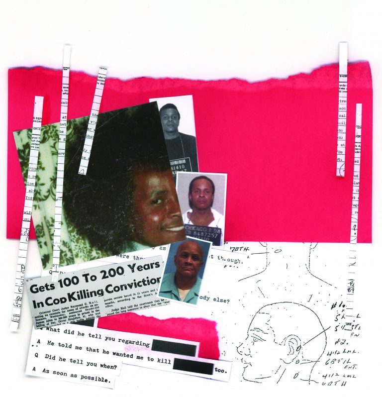 Collage of materials related to a criminal case, including news articles and photos